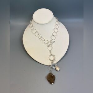 Deb Guyot Sterling Silver Smoky & Clear Quartz  Necklace 925, 16 in 4” Drop